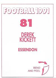 1991 Select AFL Stickers #81 Derek Kickett Back